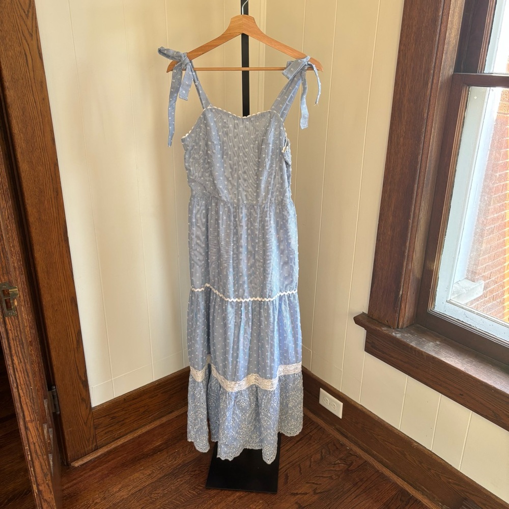 Shabby Chic Womens 4 Blue White Striped Eyelet Cottagecore Tiered Maxi Dress NWT